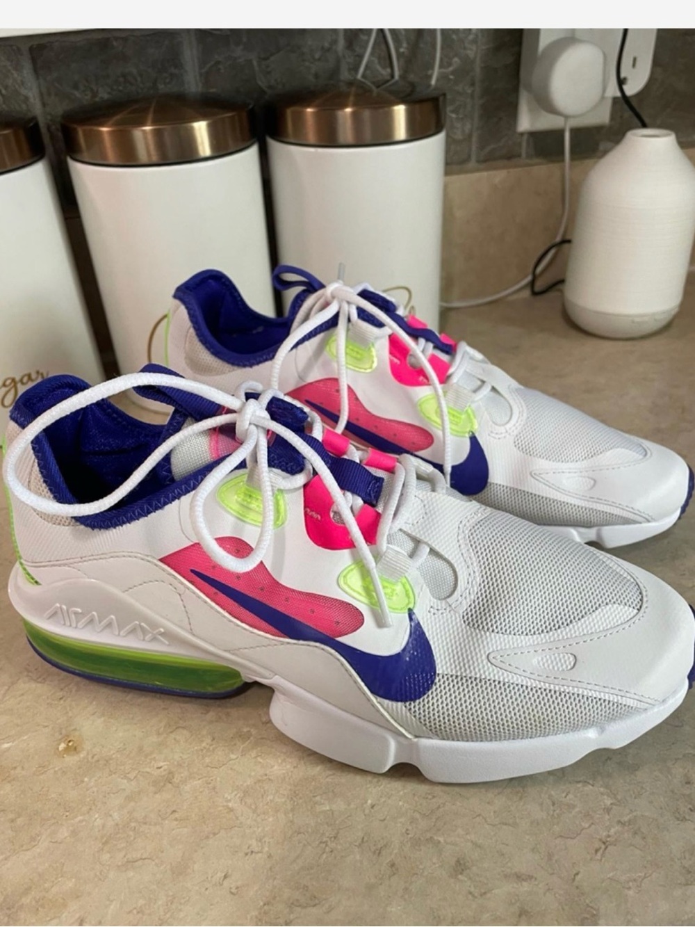 Nike woman size 8 White Sneakers with Purple, Pink & Neon Green Accents
